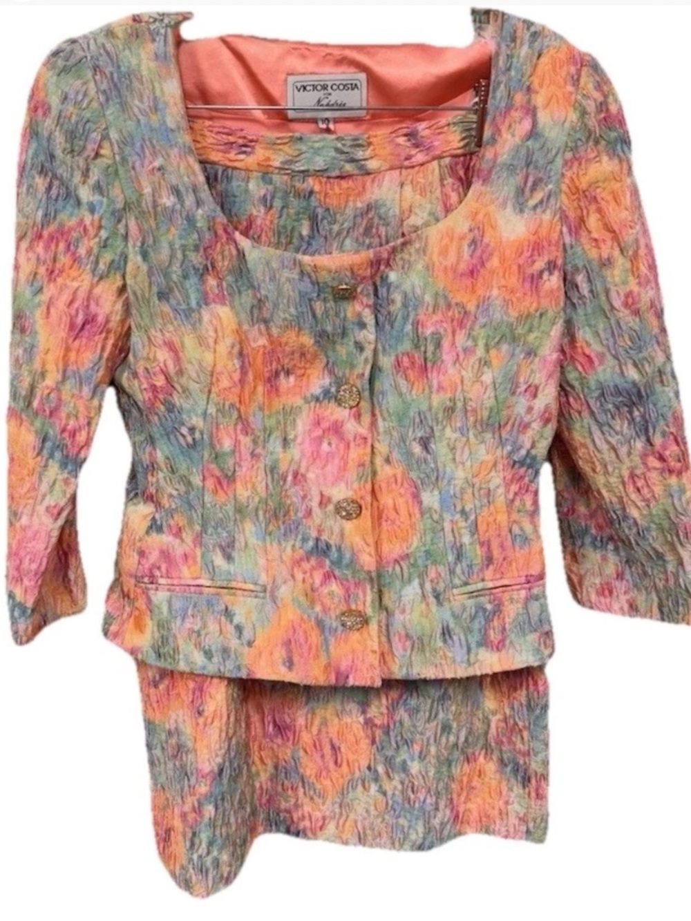 Vtg Victor Costa Boutique Crinkle Texture Pastel Floral 2 Pc Skirt Suit Women 10